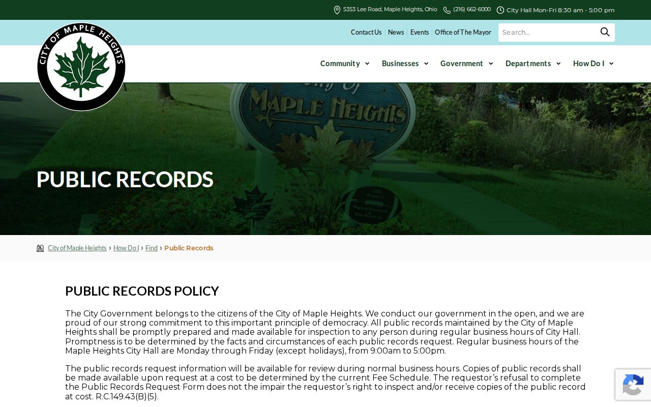 Maple Heights resident records public-records access page