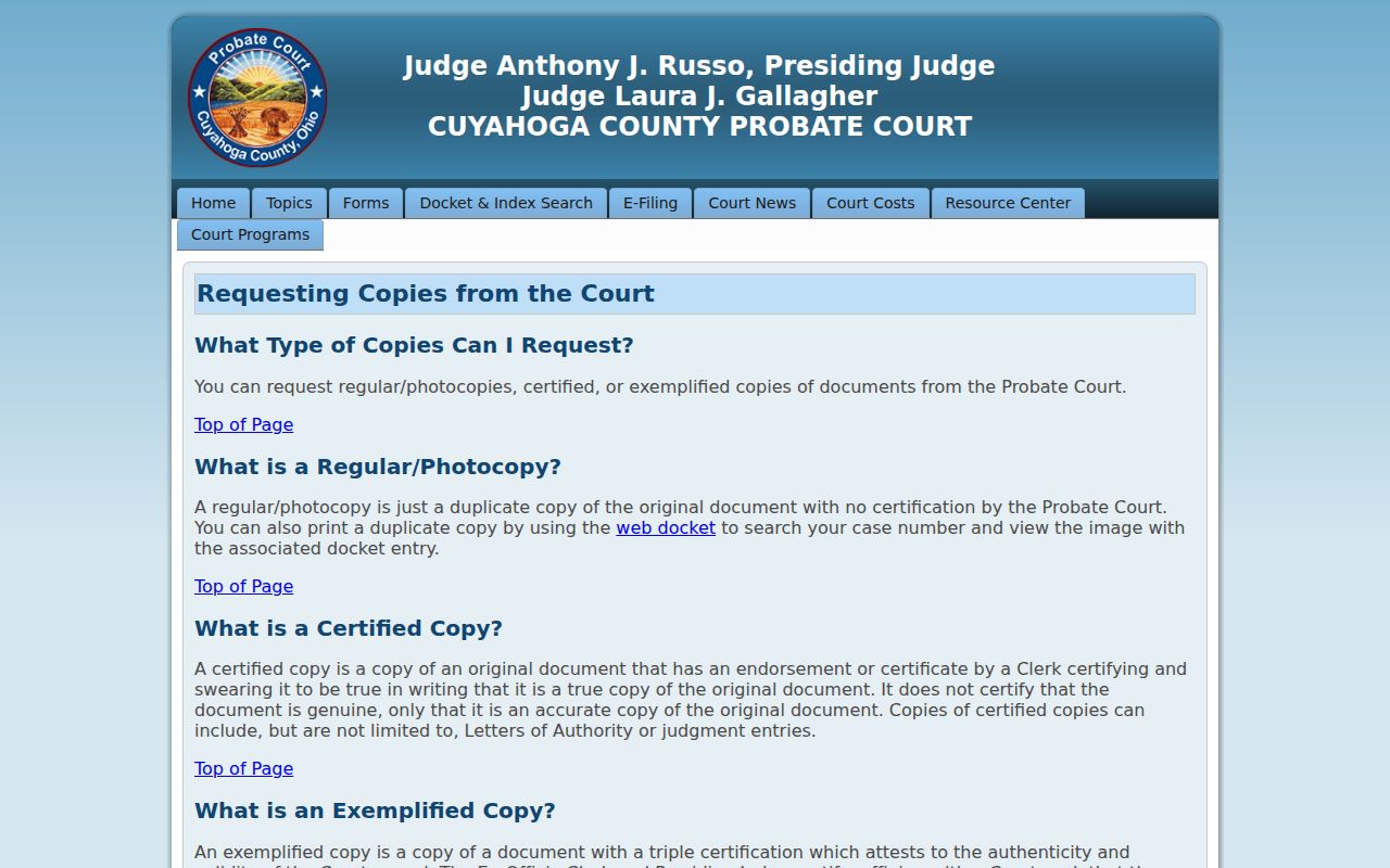 Maple Heights resident lookup Cuyahoga Probate copy request information